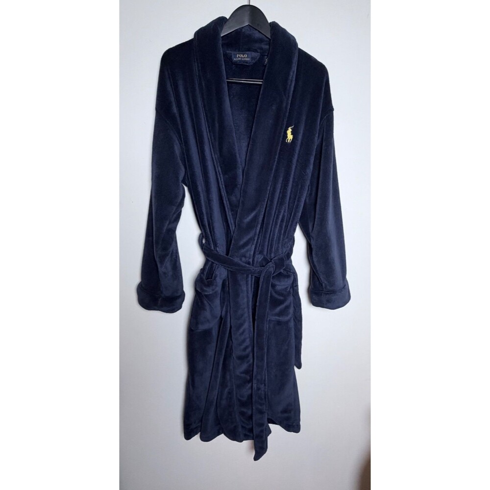 Polo Ralph Lauren Navy Plush Fleece Bathrobe One Size Yellow Pony Belted Robe